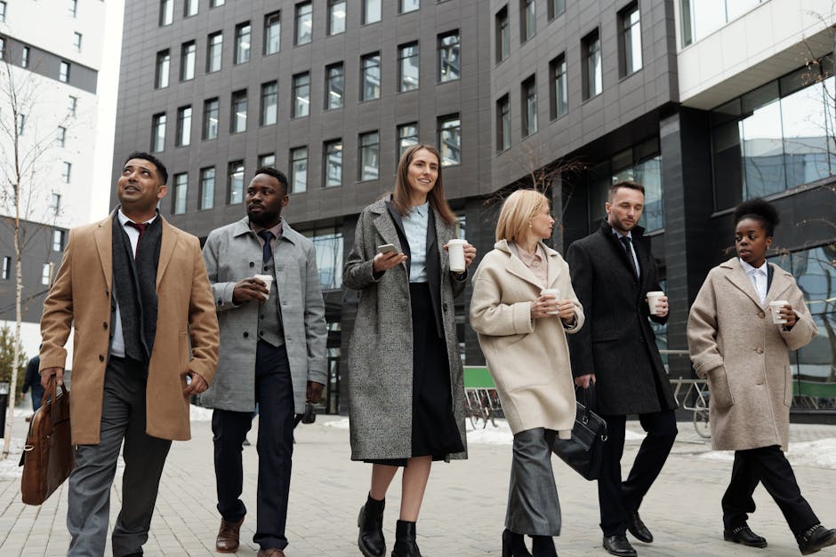 Person taking walking break outside office